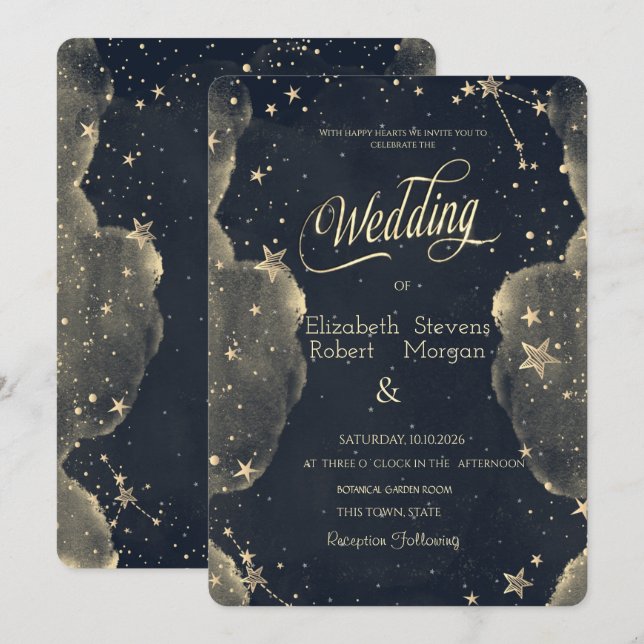 Invitación Estrella Dorada Celestial Sol Y Luna Nubes Boda (Anverso / Reverso)