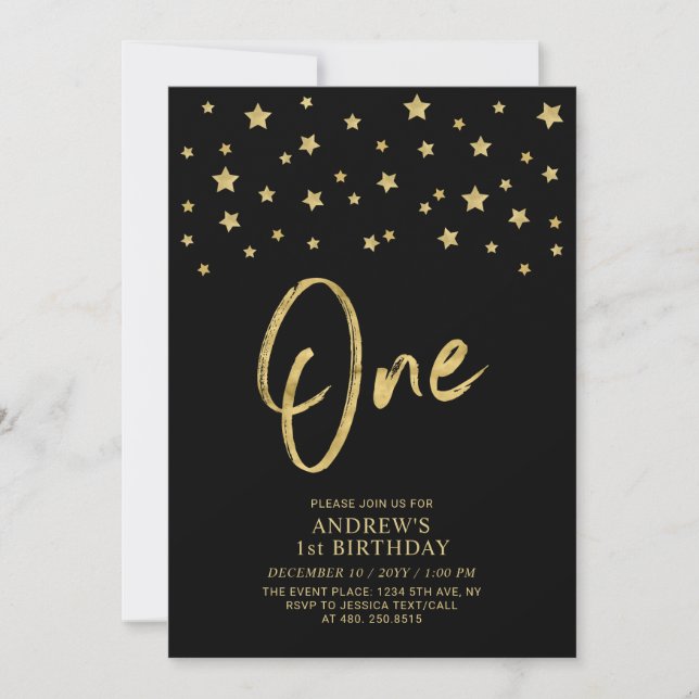 Invitación Estrella Dorada | Cumpleaños Negro 1er Fiesta de C (Anverso)