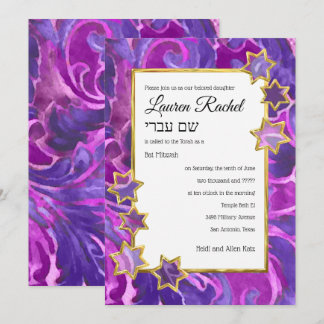 Invitación Estrella Dorada de Bat Mitzvah Damaskio Rosa Purpu