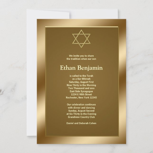 Invitación Estrella dorada de David Bar Mitzvah (Anverso)