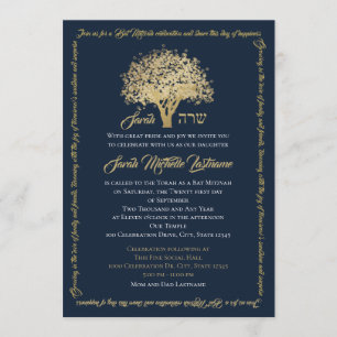 Invitación Estrella dorada de David en Tree Bat Mitzvah