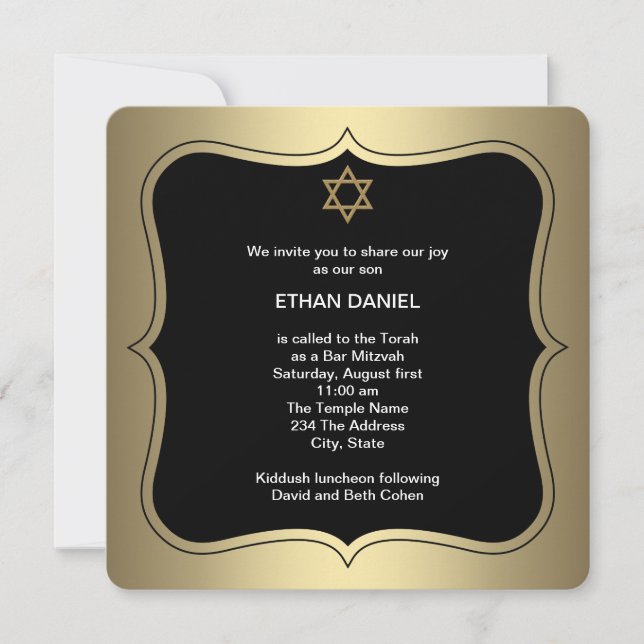 Invitación Estrella dorada negra de David Bar Mitzvah (Anverso)
