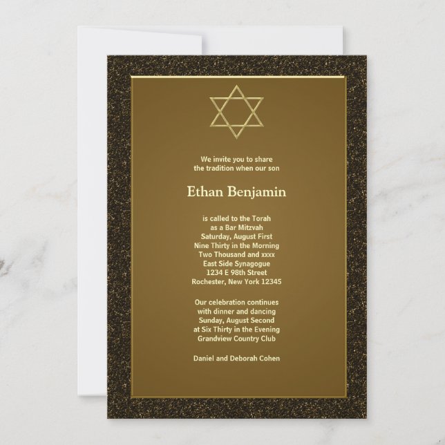 Invitación Estrella dorada negra de David Bar Mitzvah (Anverso)