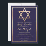 Invitación Estrella elegante de David: Modern Bat Mitzvah<br><div class="desc">Celebre el día especial de su hijo con nuestra moderna y elegante invitación a imitar murciélago. El diseño presenta un Relieve metalizado de oro falso estampado Star of David and border, decorado con un sencillo fondo azul marino adornado con una tipografía cursiva ornamentada. Esta invitación a la moda, al bonito,...</div>