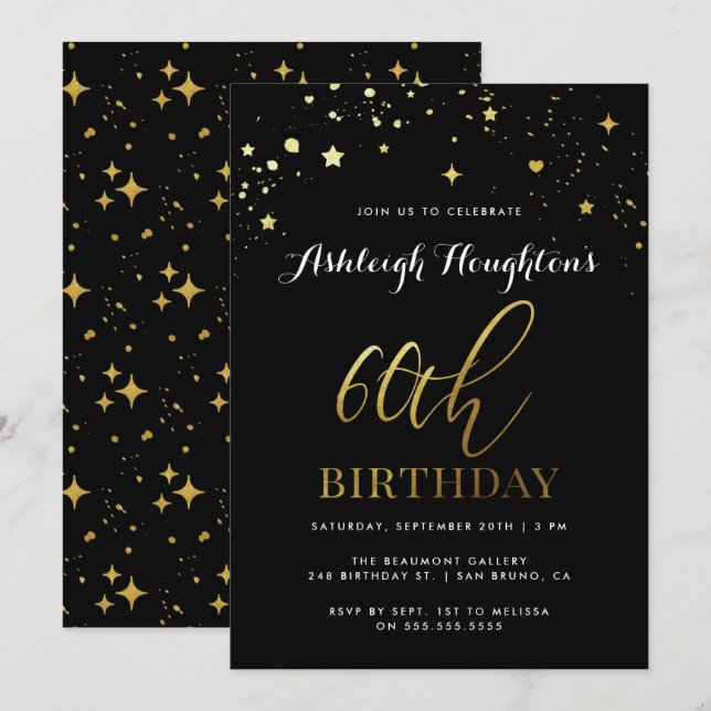 Invitación Estrella elegante de oro y negro Confetti 60 cumpl (Anverso / Reverso)