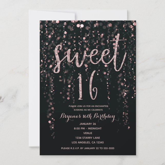 Invitación Estrella encantada Luces Rosa Rubor Sweet 16 In (Anverso)