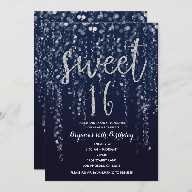 Invitación Estrella encantada Luces Silver y Blue Sweet 16 Fi (Anverso / Reverso)