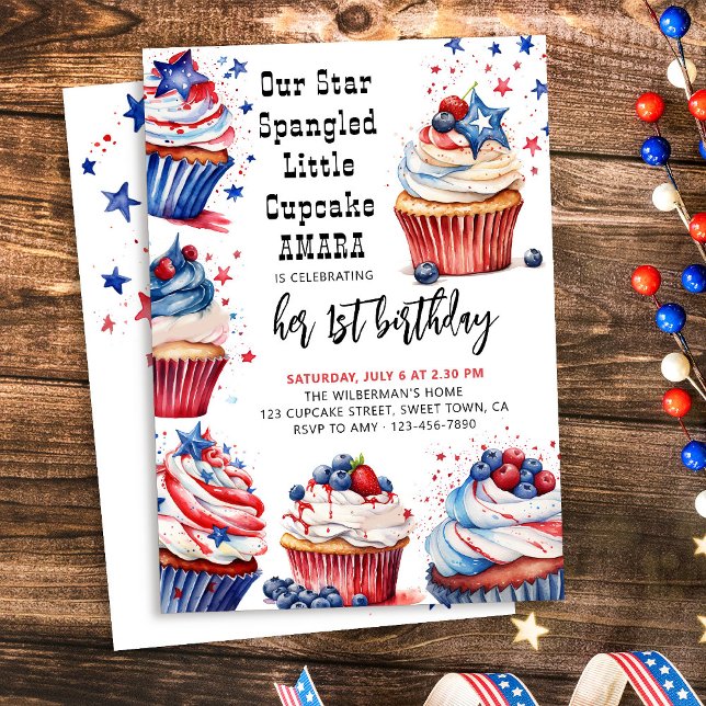 Invitación Estrella Española Pequeña Torta Cualquier Niño De  (Fourth of July themed kids birthday invitation with red white and blue cupcakes)