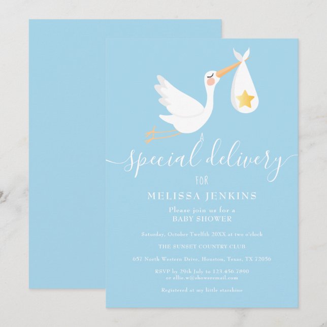 Invitación Estrella especial de cigüeña de entrega Baby Showe (Anverso / Reverso)