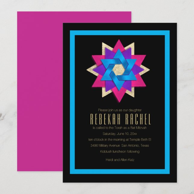 Invitación Estrella Flor de Murciélago Morado Rosa Azul (Anverso / Reverso)
