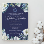 Invitación Estrella floral azul marina de David Bat Mitzvah<br><div class="desc">Hermosas flores blancas de peonía y hojas de acuarela verde forman un elegante borde en esta invitación a Bat Mitzvah, floral azul marino. El nombre de su hija está escrito en moda, caligrafía blanca en esta ceremonia o invitación de fiesta bajo una Estrella de David para una familia judía que...</div>