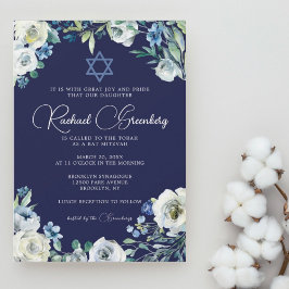 Invitación Estrella floral azul marina de David Bat Mitzvah