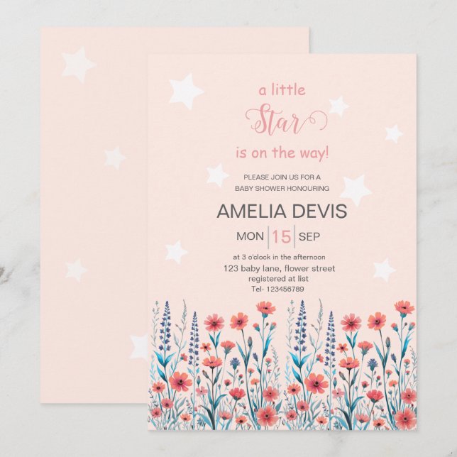 Invitación Estrella floral Baby Shower (Anverso / Reverso)