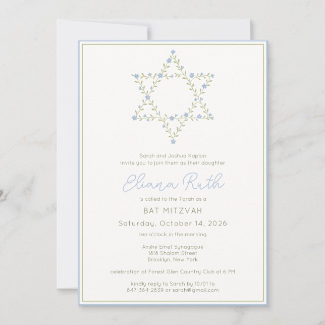 Invitación Estrella floral elegante judía de David Bat Mitzva (Anverso)