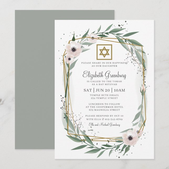 Invitación Estrella floral geométrica moderna Bat Mitzvah de  (Anverso / Reverso)