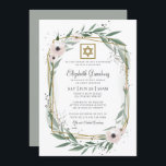 Invitación Estrella floral geométrica moderna Bat Mitzvah de<br><div class="desc">El diseño se compone de delicados acuarelas florales botánicas y hojas verdes de hoja verde sobre un simple fondo blanco. Una simple estrella de David adorna el marco geométrico. 

Disponible aquí:http://www.zazzle.com/store/selectpartysupplies</div>