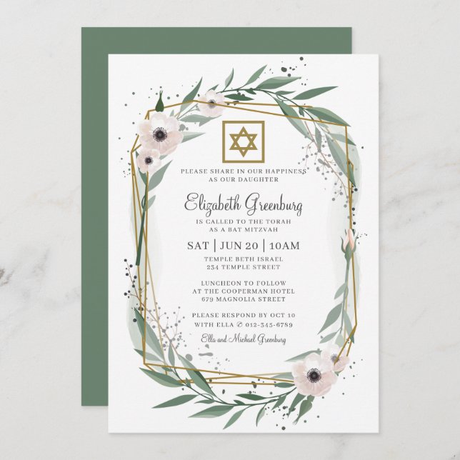 Invitación Estrella floral geométrica moderna Bat Mitzvah de  (Anverso / Reverso)