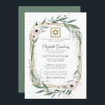 Invitación Estrella floral geométrica moderna Bat Mitzvah de<br><div class="desc">El diseño se compone de delicados acuarelas florales de flores botánicas y follaje verde de hojas sobre un sencillo fondo blanco. Una simple estrella de david adorna el marco geométrico. Disponible aquí: http://www.zazzle.com/store/selectpartysupplies</div>