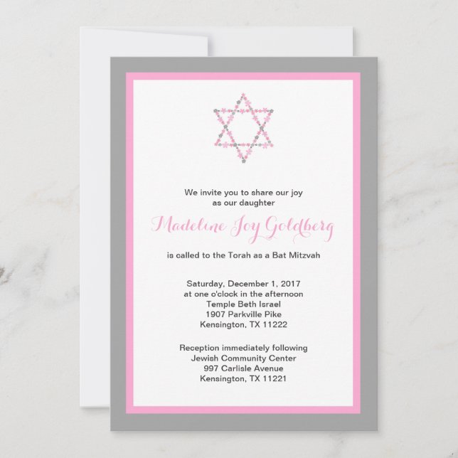 Invitación Estrella floral gris rosada del palo Mitzvah de (Anverso)