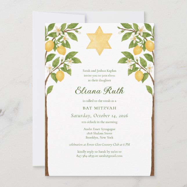 Invitación Estrella floral judía de limón de David Bat Mitzva (Anverso)