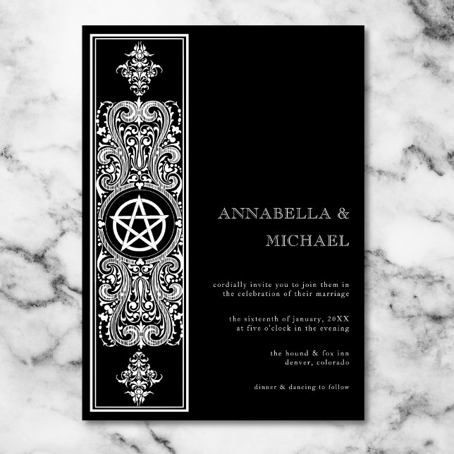 Invitación Estrella gótica del pentagrama Boda blanco negro (Gothic Pentagram Star Black White Wedding Invitation)
