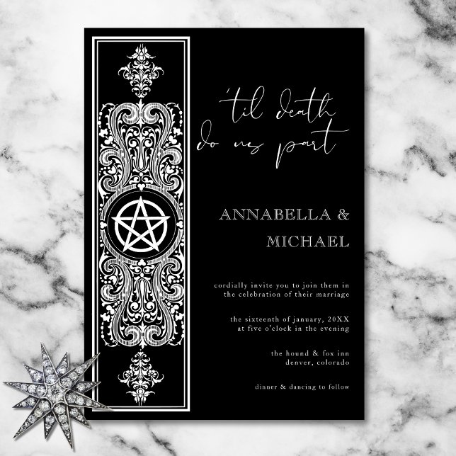 Invitación Estrella gótica del pentagrama Boda blanco negro (Gothic Pentagram Star Black White Wedding Invitation)