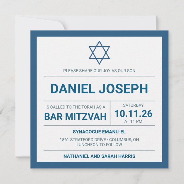Invitación Estrella judía azul enmarcada Bar Mitzvah Invitaci (Anverso)