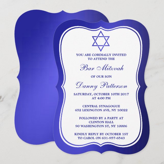 Invitación Estrella Judía Azul Metálica De David Bar Mitzvah (Anverso / Reverso)