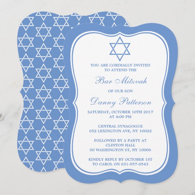 Invitación Estrella Judía Azul Y Blanca De David Bar Mitzvah (Anverso / Reverso)
