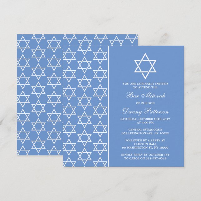 Invitación Estrella Judía Azul Y Blanca De David Bar Mitzvah (Anverso / Reverso)