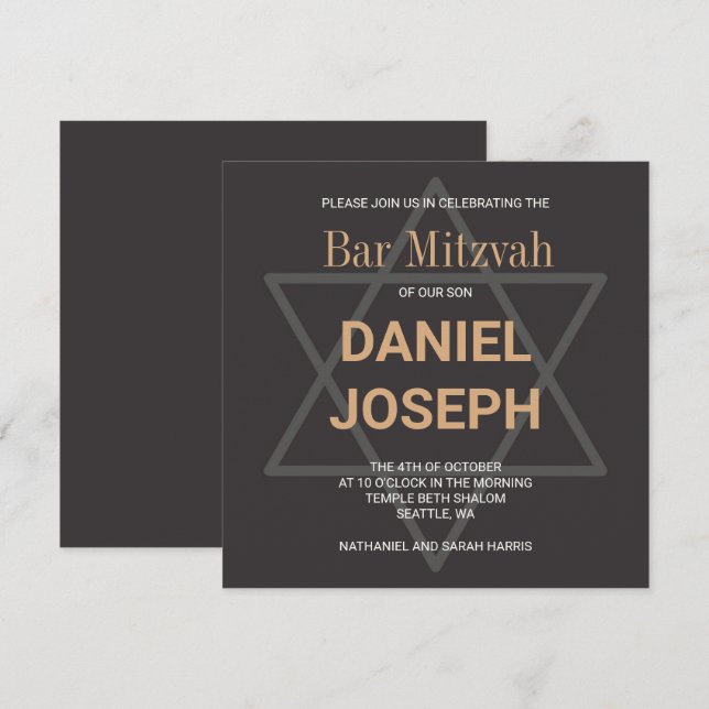 Invitación Estrella judía cuadrada Bar Mitzvah - dorado negro (Anverso / Reverso)