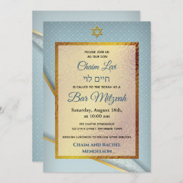 Invitación Estrella judía del marco dorado azul claro Mitzvah