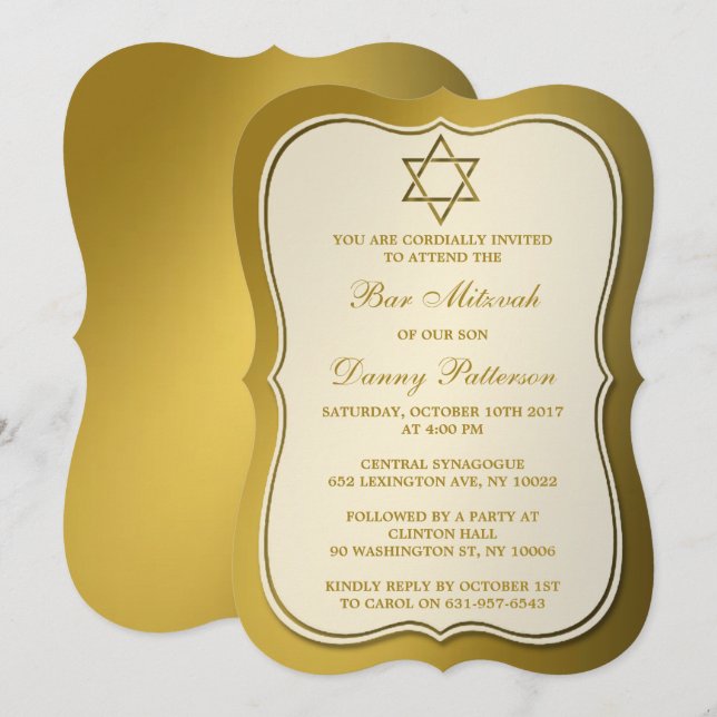 Invitación Estrella Judía Metálica De Oro De David Bar Mitzva (Anverso / Reverso)