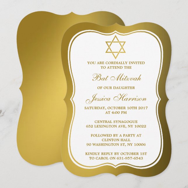 Invitación Estrella Judía Metálica De Oro De David Bat Mitzva (Anverso / Reverso)