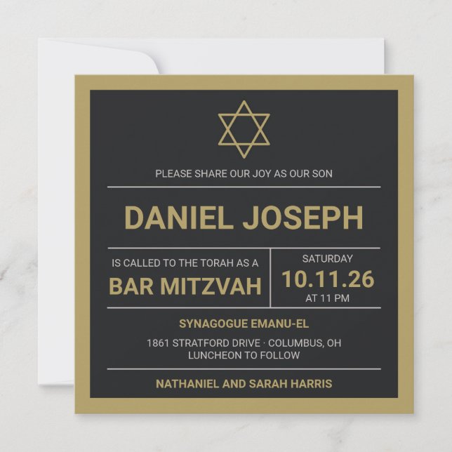 Invitación Estrella judía negra enmarcada Bar Mitzvah Invitac (Anverso)
