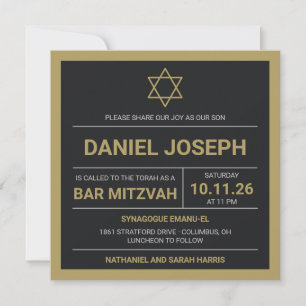 Invitación Estrella judía negra enmarcada Bar Mitzvah Invitac
