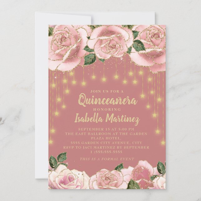 Invitación Estrella ligera de cuerda dorada rosa Quinceañera  (Anverso)