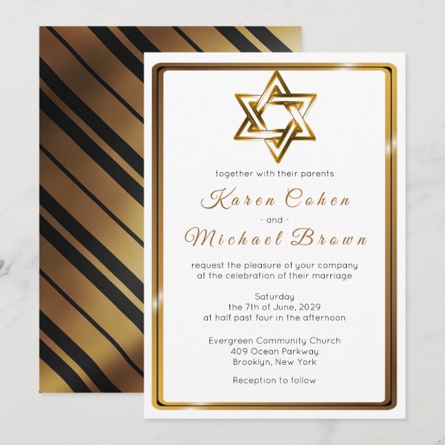 Invitación Estrella metálica del Oro de David, Boda judío (Anverso / Reverso)