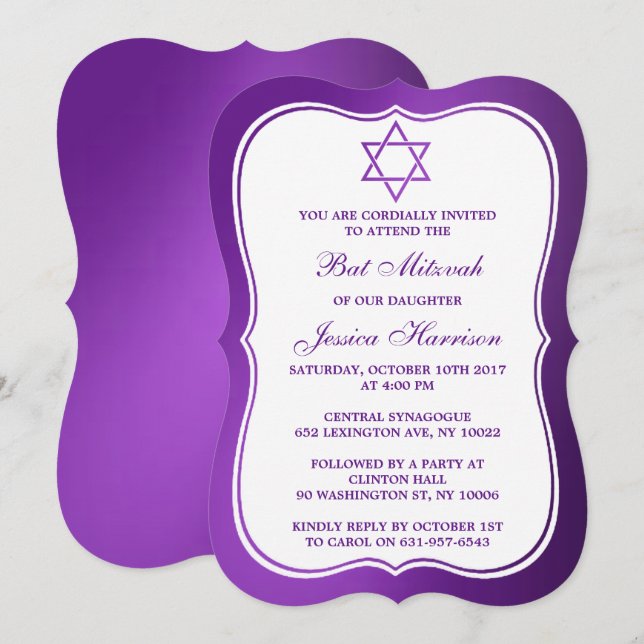 Invitación Estrella Metálica Judía Morada De David Bat Mitzva (Anverso / Reverso)