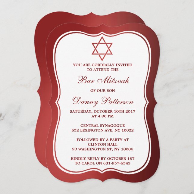 Invitación Estrella Metálica Judía Roja De David Bar Mitzvah (Anverso / Reverso)