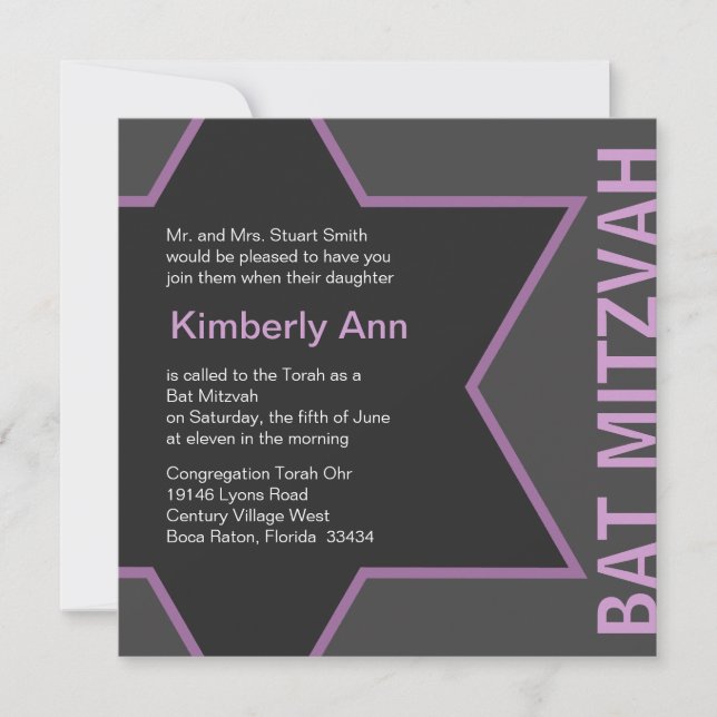 Invitación Estrella moderna de David Bat Mitzvah -gris y rosa (Anverso)