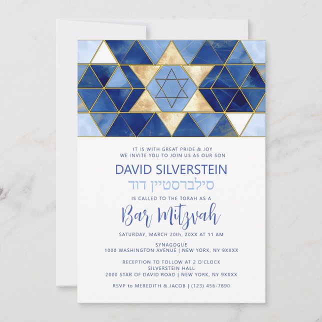 Invitación Estrella moderna de David Blue Gold Bar Mitzvah He (Anverso)