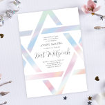 Invitación Estrella moderna de David Pastel Bat Mitzvah<br><div class="desc">La moderna estrella de David Pastel Bat Mitzvah Invitation presenta un contorno único y moderno de la estrella de David en un hermoso efecto holográfico alrededor de los detalles de tu evento.</div>