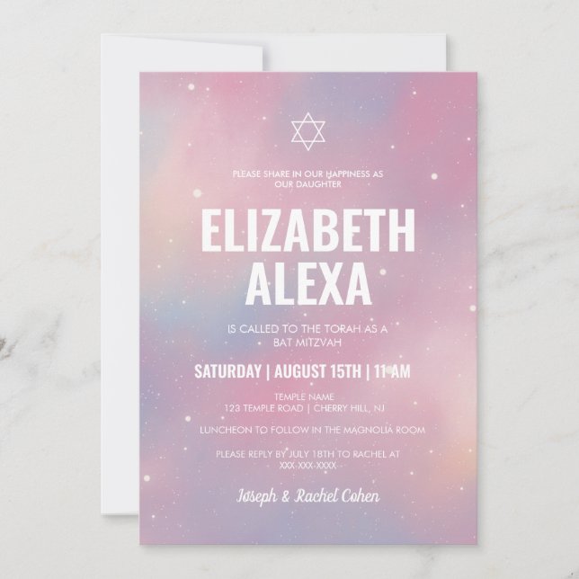 Invitación Estrella moderna de Galaxia de David Bat Mitzvah (Anverso)