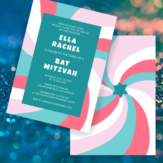 Invitación Estrella moderna de Swirl de David Personalizado B (Modern Swirl Star of David Custom Bar Bat Mitzvah Invitation Pink Green Bold Colorful Chic Cute)