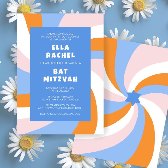 Invitación Estrella moderna de Swirl de David Personalizado B (Modern Swirl Star of David Custom Bar Bat Mitzvah Invitation Colorful Bold Stripes Orange Blue)