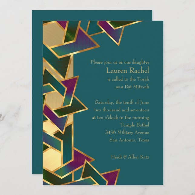 Invitación Estrella morada Verde azulada de David en Bat Mitz (Anverso / Reverso)