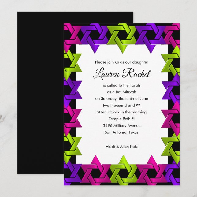 Invitación Estrella morada verde rosa Bat Mitzvah en cualquie (Anverso / Reverso)