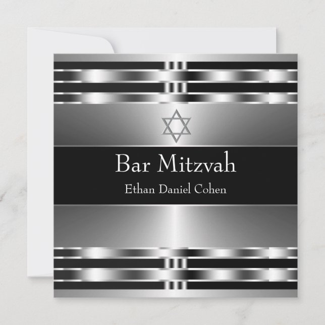 Invitación Estrella Negra de David Bar Mitzvah de Plata (Anverso)