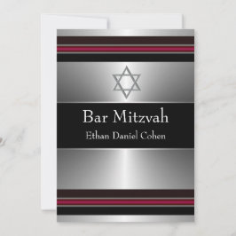 Invitación Estrella negra de plata roja de David Bar Mitzvah